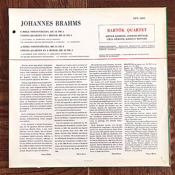 Cover Brahms*, Bartók Quartet - String Quartets = Vonósnégyesek (LP, Mono) Schallplatten Ankauf