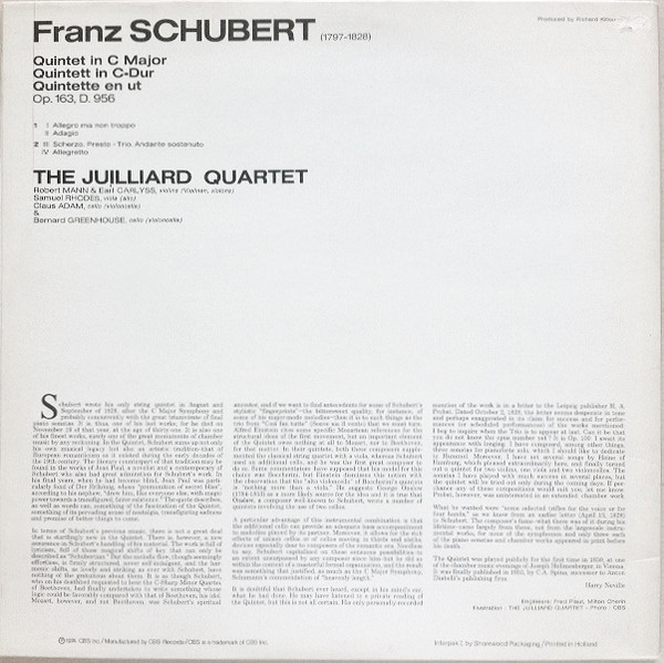 Cover Schubert*, The Juilliard Quartet* & Bernard Greenhouse - Quintet In C Major = Quintet In C-Dur = Quintette En Ut (LP, RE, Gat) Schallplatten Ankauf