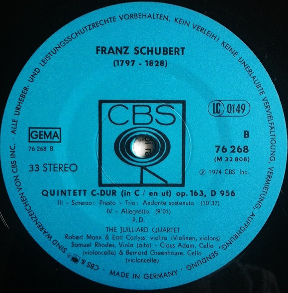 Cover Schubert*, The Juilliard Quartet* & Bernard Greenhouse - Quintet In C Major = Quintet In C-Dur = Quintette En Ut (LP, RE, Gat) Schallplatten Ankauf