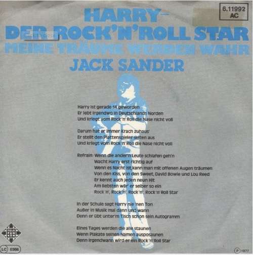 Cover Jack Sander - Harry-Der Rock'n' Roll Star / Meine Träume werden wahr (7, Single) Schallplatten Ankauf