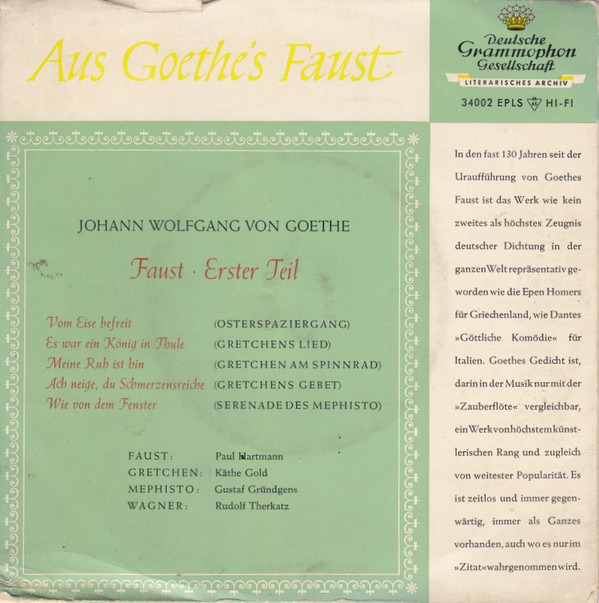 Cover Johann Wolfgang von Goethe - Aus Goethe's Faust (7, EP, Mono) Schallplatten Ankauf