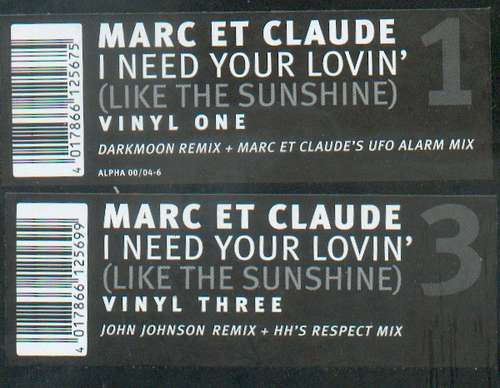 Cover Marc Et Claude - I Need Your Lovin' (Like The Sunshine) (2x12) Schallplatten Ankauf