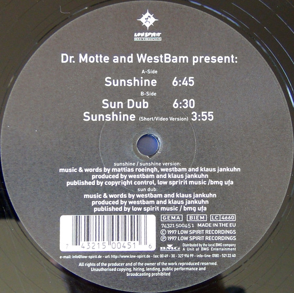 Cover Dr. Motte And WestBam* - Sunshine (12, M/Print) Schallplatten Ankauf