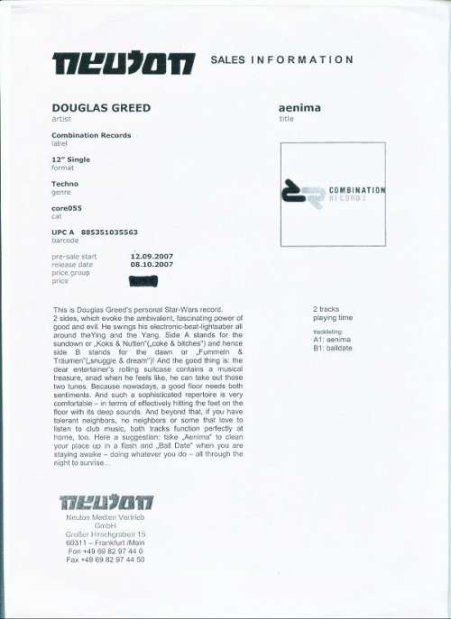Cover Douglas Greed - Aenima (12, Promo, W/Lbl) Schallplatten Ankauf