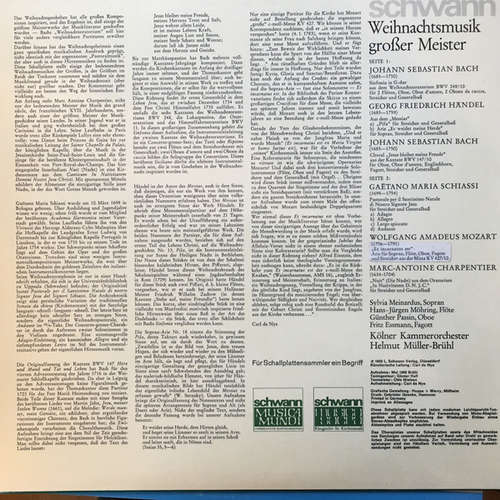 Cover Johann Sebastian Bach, Georg Friedrich Händel, Gaetano Maria Schiassi, Wolfgang Amadeus Mozart, Marc-Antoine Charpentier*, Sylvia Meinardus, Hans-Jürgen Möhring, Fritz Essmann, Kölner Kammerorchester, Helmut Müller-Brühl - Festliche Weihnachtsmusik Großer Meister (LP) Schallplatten Ankauf