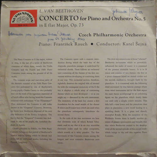 Cover Ludwig van Beethoven, František Rauch, Czech Philharmonic Orchestra* , Conduktor: Karel Šejna - Concerto For Piano And Orchestra No 5 (In E Flat Major, Op. 73) (LP, Mono) Schallplatten Ankauf