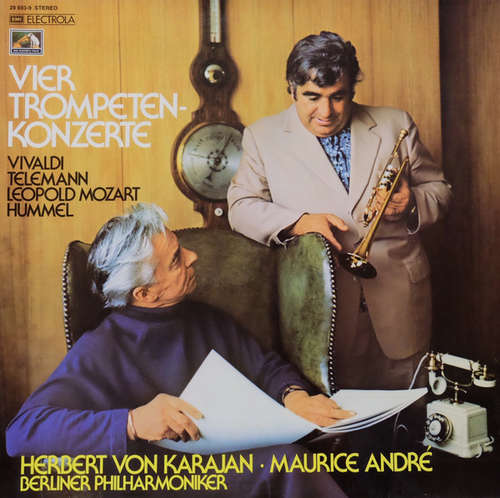 Cover Vivaldi*, Telemann*, Leopold Mozart, Hummel* - Herbert von Karajan · Maurice André, Berliner Philharmoniker - Vier Trompeten-Konzerte (LP, Club, Gat) Schallplatten Ankauf