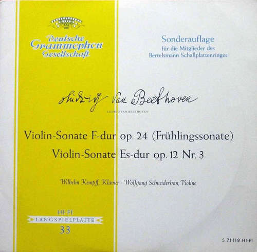 Cover L. Van Beethoven* - Wilhelm Kempff, Wolfgang Schneiderhan - Violin-Sonate Nr. 5 F-Dur Op. 24 / Nr. 3 Es-Dur Op. 12  (LP, Mono, Club) Schallplatten Ankauf