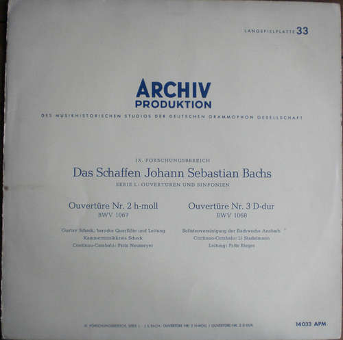 Cover Johann Sebastian Bach − Gustav Scheck, Kammermusikkreis Scheck, Fritz Neumeyer, Solistenvereinigung Der Bachwoche Ansbach, Li Stadelmann, Fritz Rieger - Ouvertüre Nr. 2 H-Moll BWV 1067 / Ouvertüre Nr. 3 D-Dur BWV 1068 (LP, Mono, RP) Schallplatten Ankauf