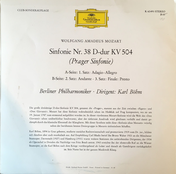 Cover Wolfgang Amadeus Mozart, Berliner Philharmoniker, Karl Böhm - Sinfonie Nr.38 D-dur KV 504 (Prager Sinfonie) (10, Club) Schallplatten Ankauf