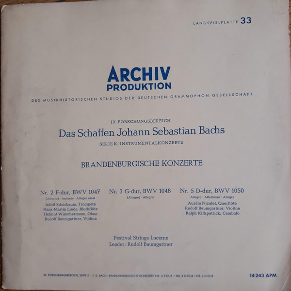 Cover Johann Sebastian Bach - Festival Strings Lucerne Leader: Rudolf Baumgartner - Brandenburgische Konzerte Nr. 2 F-dur / Nr. 3 G-dur /  Nr. 5 D-dur (LP, Mono, Gat) Schallplatten Ankauf