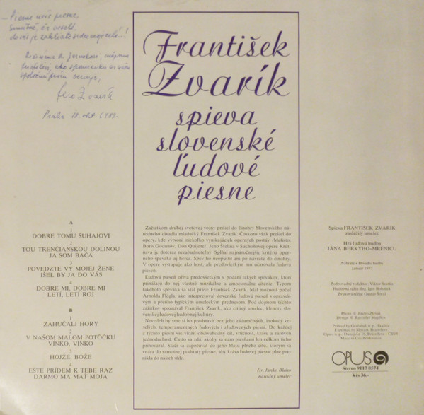 Cover František Zvarík - František Zvarík Spieva Slovenské Ľudové Piesne (LP, Album) Schallplatten Ankauf