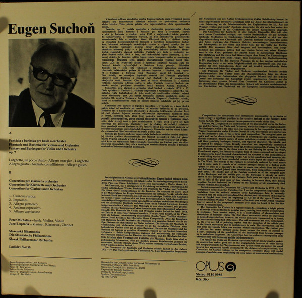 Cover Eugen Suchoň - Fantázia A Burleska Pre Husle A Orchester / Concertino Pre Klarinet A Orchester (LP) Schallplatten Ankauf