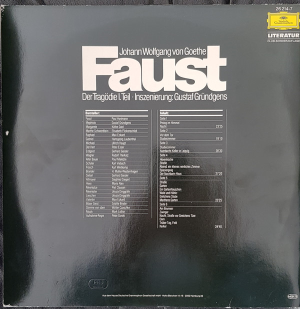 Cover Johann Wolfgang von Goethe Inszenierung: Gustaf Gründgens - Faust - Der Tragödie 1. Teil (3xLP, Album, Club, RE, Gat) Schallplatten Ankauf