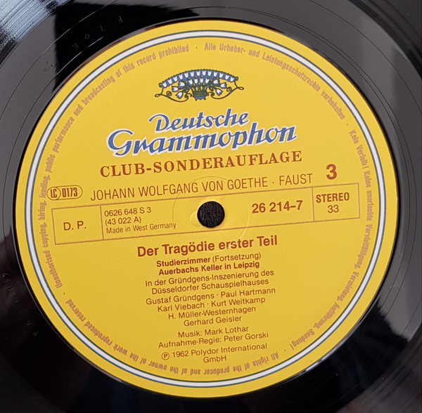 Cover Johann Wolfgang von Goethe Inszenierung: Gustaf Gründgens - Faust - Der Tragödie 1. Teil (3xLP, Album, Club, RE, Gat) Schallplatten Ankauf