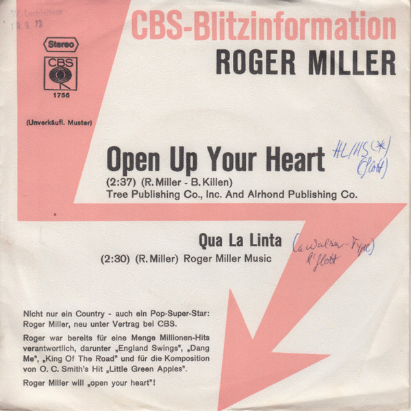 Cover Roger Miller - Open Up Your Heart / Qua La Linta (7, Single, Promo) Schallplatten Ankauf