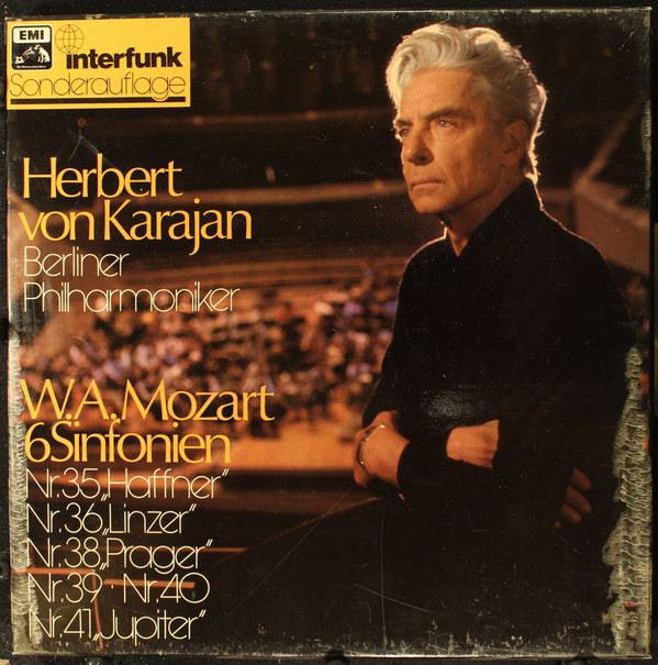 Cover Herbert von Karajan, Berliner Philharmoniker, W. A. Mozart* - 6 Sinfonien: Nr. 35 Haffner, Nr. 36 Linzer, Nr. 38 Prager, Nr. 39 ' Nr. 40, Nr. 41 Jupiter (3xLP, S/Edition + Box) Schallplatten Ankauf