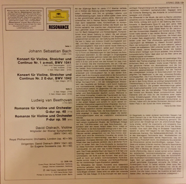 Cover David Oistrach - Johann Sebastian Bach / Ludwig Van Beethoven - Violinkonzerte Nr. 1+2 / Romanzen Nr. 1+2 (LP, Album, Comp, Ast) Schallplatten Ankauf