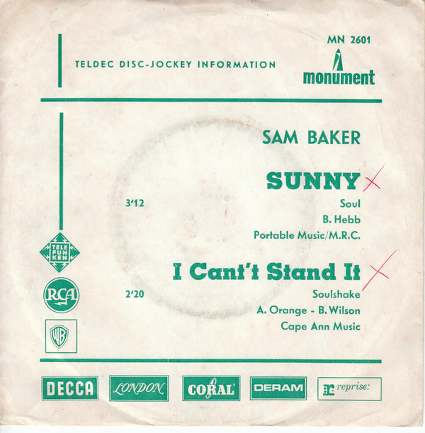 Bild Sam Baker - Sunny / I Can't Stand It (7, Single, Promo) Schallplatten Ankauf