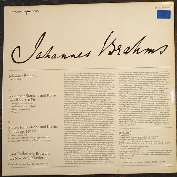 Cover Johannes Brahms, Josef Koďousek, Jan Novotný - Bratschensonaten Nr. 1+2 (LP, Album) Schallplatten Ankauf