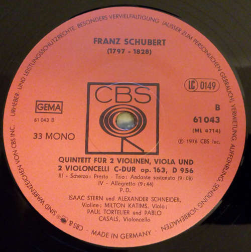 Cover Schubert* - Pablo Casals, Isaac Stern, Alexander Schneider, Milton Katims, Paul Tortelier - Streichquintett C-Dur Op. 163 (LP, Mono, RE) Schallplatten Ankauf