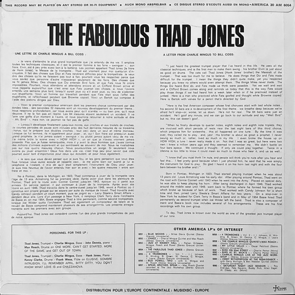 Cover Thad Jones With Frank Wess, Hank Jones, John Dennis (2), Charlie Mingus*, Kenny Clarke, Max Roach - The Fabulous Thad Jones (LP, Comp) Schallplatten Ankauf