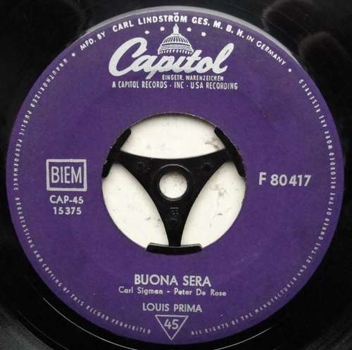 Cover Louis Prima - Buona Sera / Oh Marie (7, Single, Mono) Schallplatten Ankauf