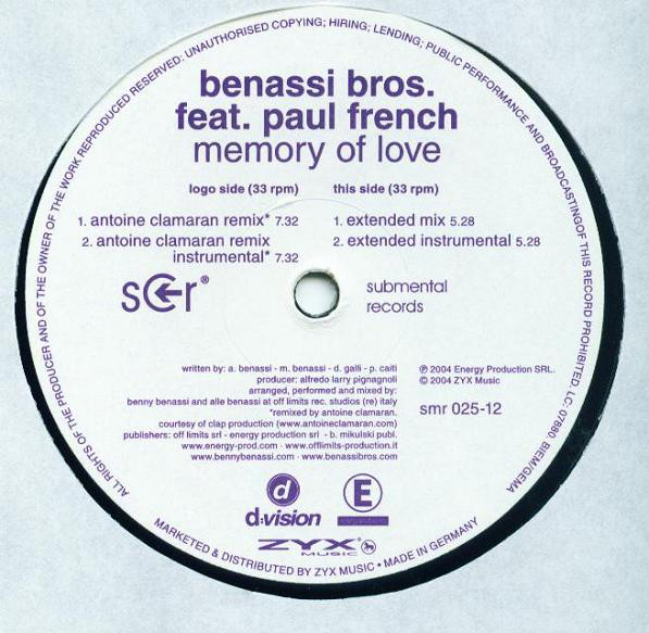 Cover Benassi Bros. Feat. Paul French (14) - Memory Of Love (12) Schallplatten Ankauf