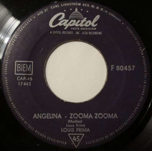 Cover Louis Prima - Angelina - Zooma Zooma (7, Single, Mono) Schallplatten Ankauf