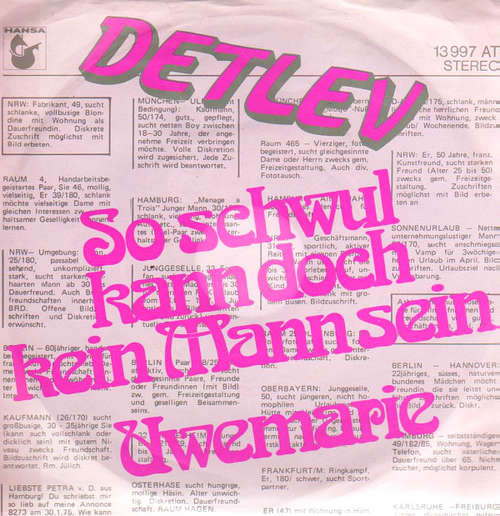 Cover Detlev - So Schwul Kann Doch Kein Mann Sein / Uwemarie (7, Single) Schallplatten Ankauf