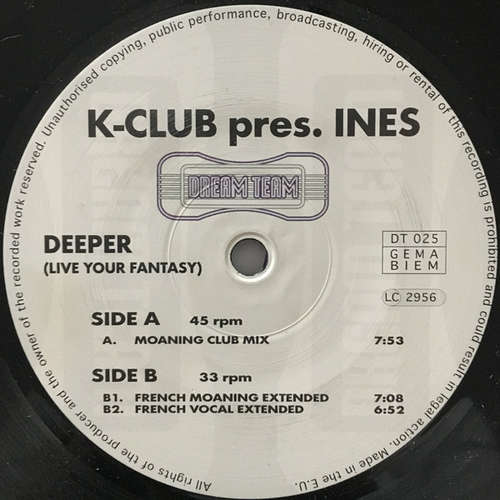 Cover K-Club (2) Presents Ines (3) - Deeper (Live Your Fantasy) (12) Schallplatten Ankauf
