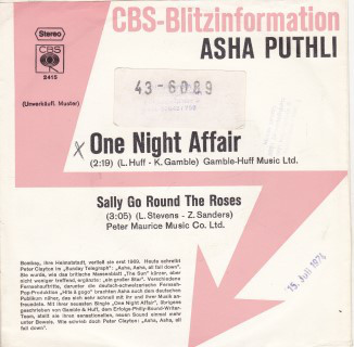 Cover Asha Puthli - One Night Affair (7, Single, Promo) Schallplatten Ankauf