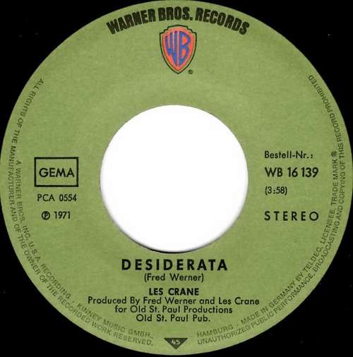 Cover Les Crane / Friedrich Schütter - Desiderata (7, Single) Schallplatten Ankauf