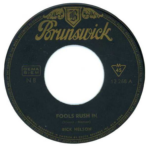 Cover Rick Nelson* - Fools Rush In / Down Home (7, Single) Schallplatten Ankauf
