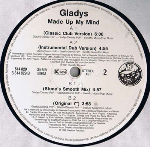 Cover Gladys - Made Up My Mind (Frankie Knuckles & Stonebridge Remixes) (12, Maxi) Schallplatten Ankauf