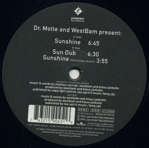Cover Dr. Motte And WestBam* - Sunshine (12) Schallplatten Ankauf