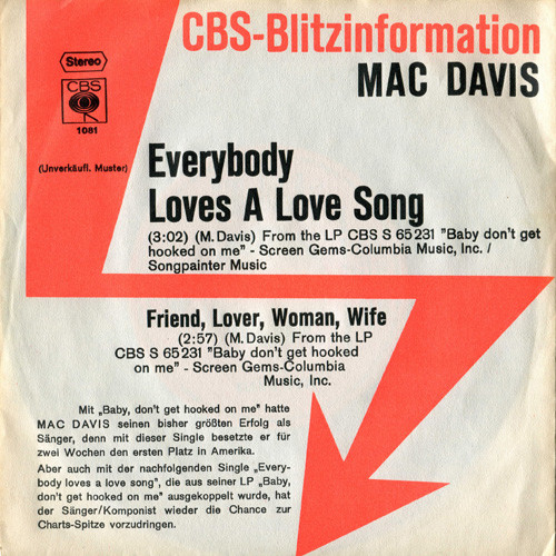 Cover Mac Davis - Everybody Loves A Love Song (7, Promo) Schallplatten Ankauf