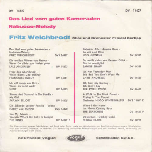 Cover Fritz Weichbrodt - Chor Und Orchester Friedel Berlipp - Das Lied Vom Guten Kameraden / Nabucco - Melody (7, Single) Schallplatten Ankauf