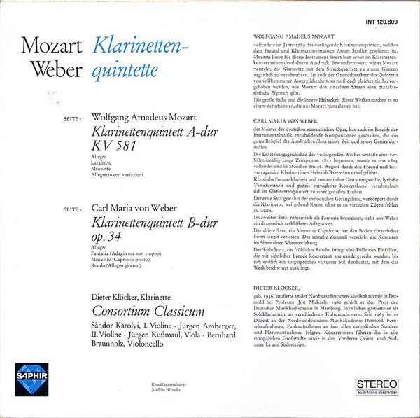 Cover Mozart*, Weber*, Dieter Klöcker, Consortium Classicum - Klarinetten Quintette (LP) Schallplatten Ankauf