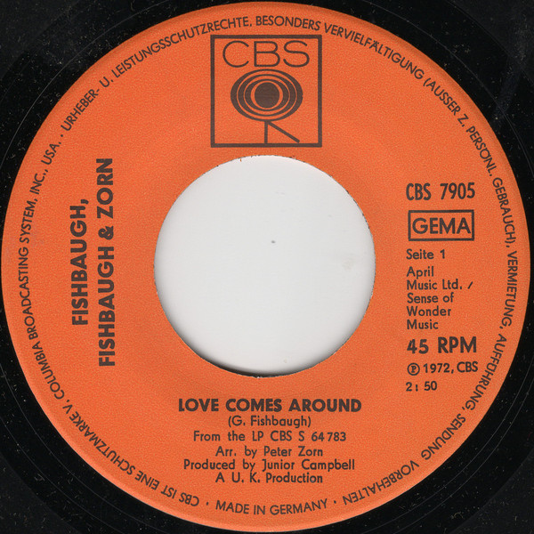 Cover Fishbaugh, Fishbaugh & Zorn - Love Comes Around / Hint Of A Freeze (7) Schallplatten Ankauf