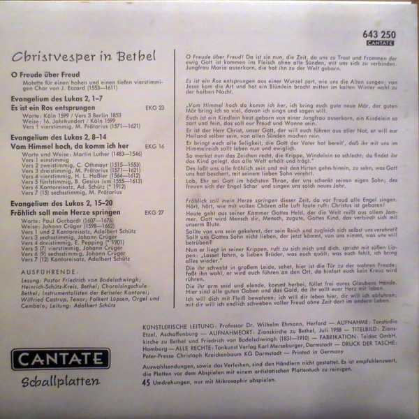 Cover Friedrich Von Bodelschwingh - Christvesper In Bethel (7) Schallplatten Ankauf