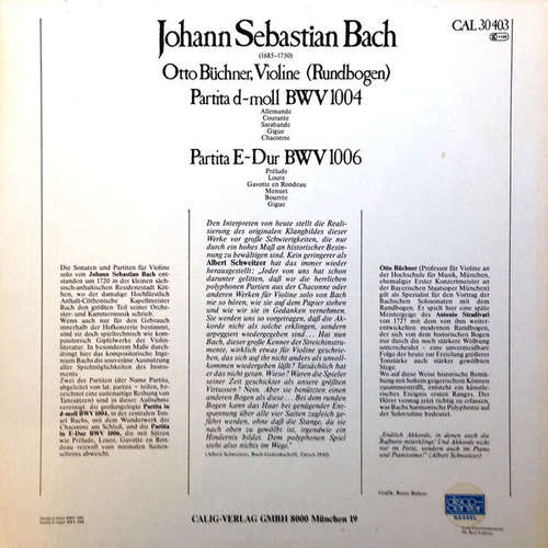 Cover Otto Büchner, Johann Sebastian Bach - Two Partitas For Solo Violin, BWV 1004 And 1006 (LP) Schallplatten Ankauf