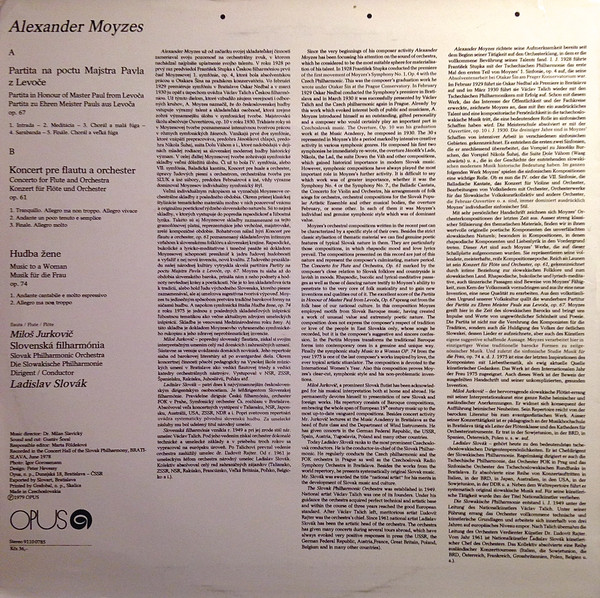 Cover Alexander Moyzes, Miloš Jurkovič, Slovak Philharmonic Orchestra, Ladislav Slovák - Partita / Concerto For Flute / Music To A Woman (LP, Album) Schallplatten Ankauf