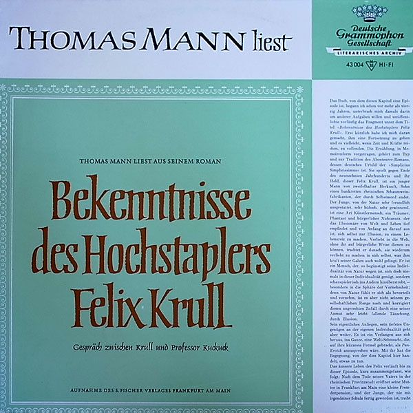 Cover Thomas Mann - Thomas Mann Liest Aus Seinem Roman Bekenntnisse Des Hochstaplers Felix Krull (LP, Mono) Schallplatten Ankauf