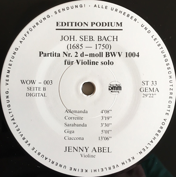 Cover Jenny Abel - Joh.Seb.Bach - Partita Nr.2 D-Moll Für Violine Solo - Grazyna Bacewicz - Sonate Für Violine Solo (1958) (LP, Album, Vio) Schallplatten Ankauf