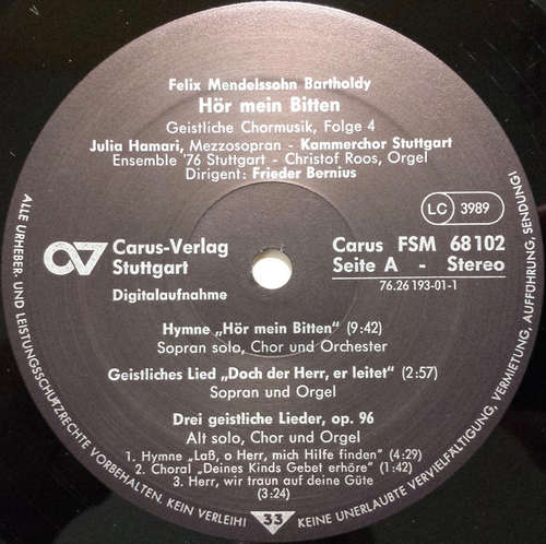 Cover Felix Mendelssohn-Bartholdy - Julia Hamari, Kammerchor Stuttgart, Ensemble '76 Stuttgart*, Christof Roos Dirigent Frieder Bernius - Hör Mein Bitten (LP, Album) Schallplatten Ankauf