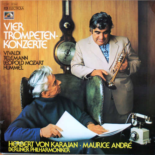 Cover Vivaldi*, Telemann*, Leopold Mozart, Hummel* — Herbert von Karajan · Maurice André - Berliner Philharmoniker - Vier Trompeten-Konzerte (LP) Schallplatten Ankauf
